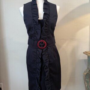 Milly of New York Navy Blue Short Sleeves Belted Front Ruffle Dress